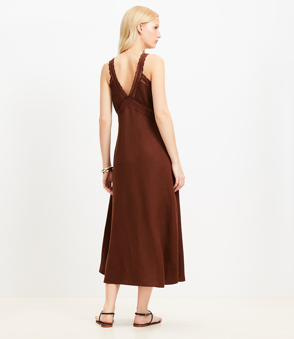 Loft Lace Trim Linen Blend Midi Dress Size 6 Baked Pecan Women's
