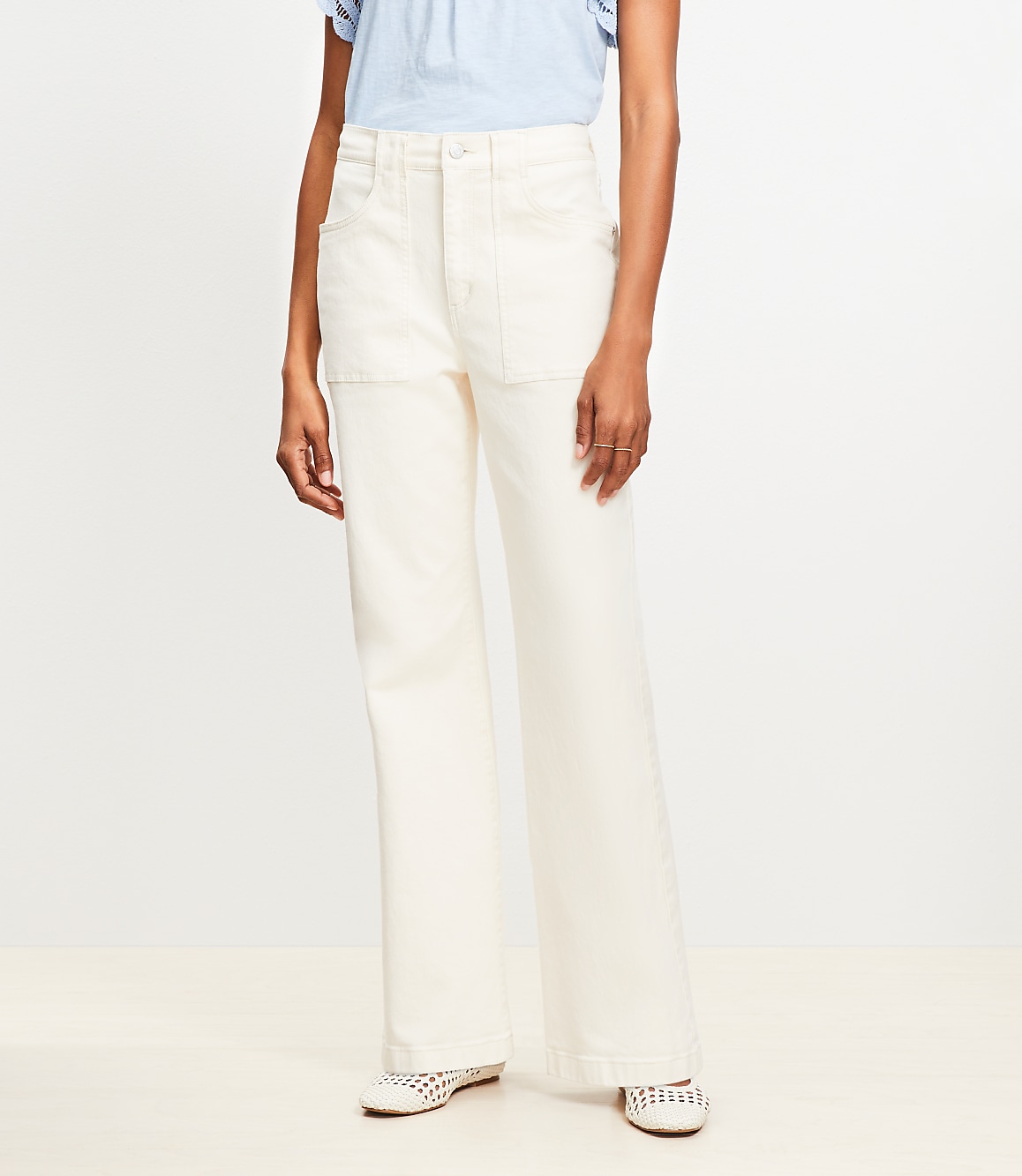 Petite High Rise Relaxed Flare Utility Jeans in Ivory