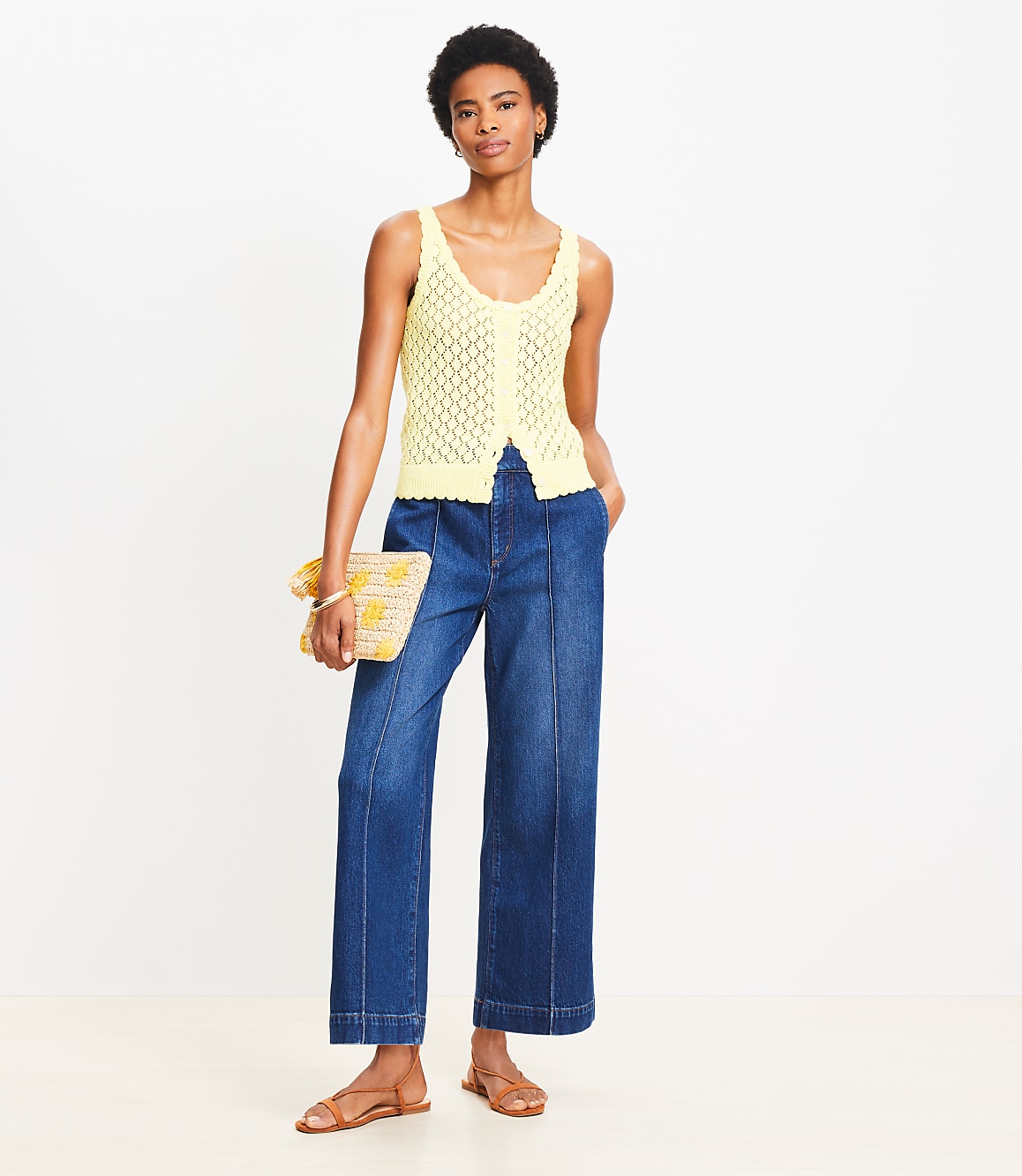Petite Pintucked High Rise Wide Leg Crop Jeans in Dark Wash