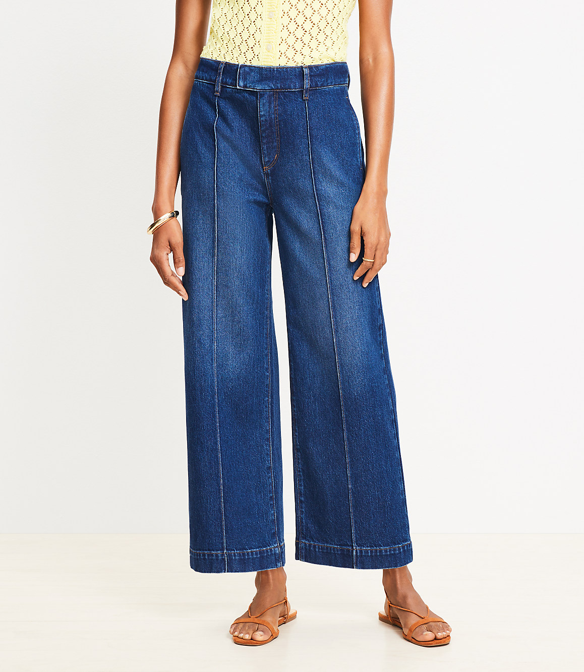 Petite Pintucked High Rise Wide Leg Crop Jeans in Dark Wash