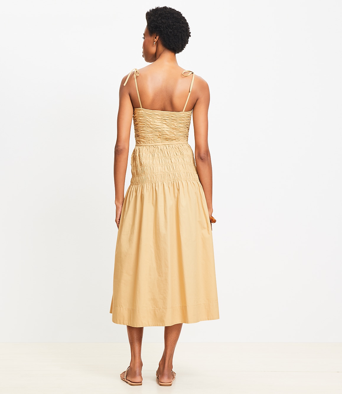 Tie Strap Smocked Poplin Midi Dress