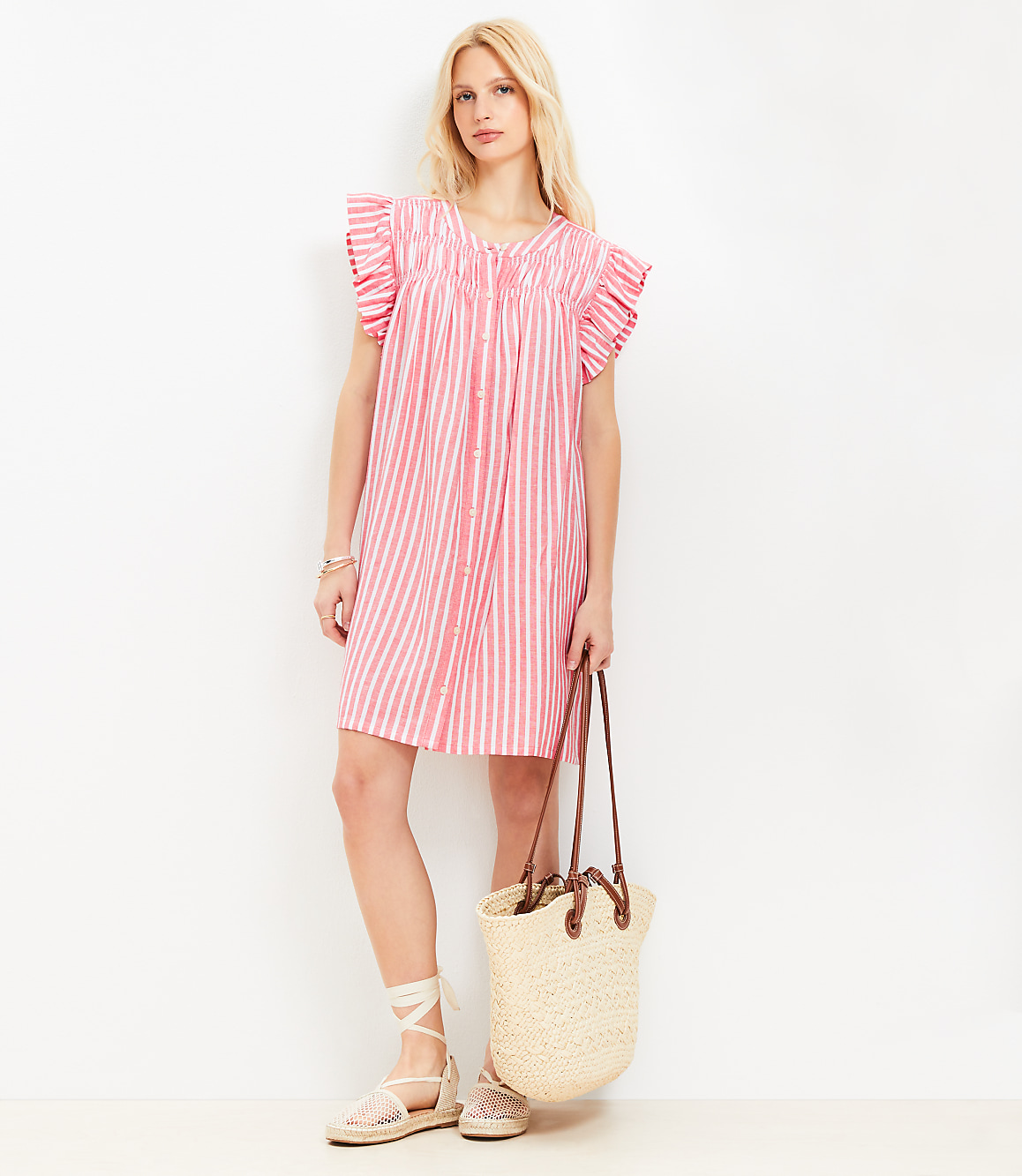 Striped Linen Blend Flutter Shirtdress