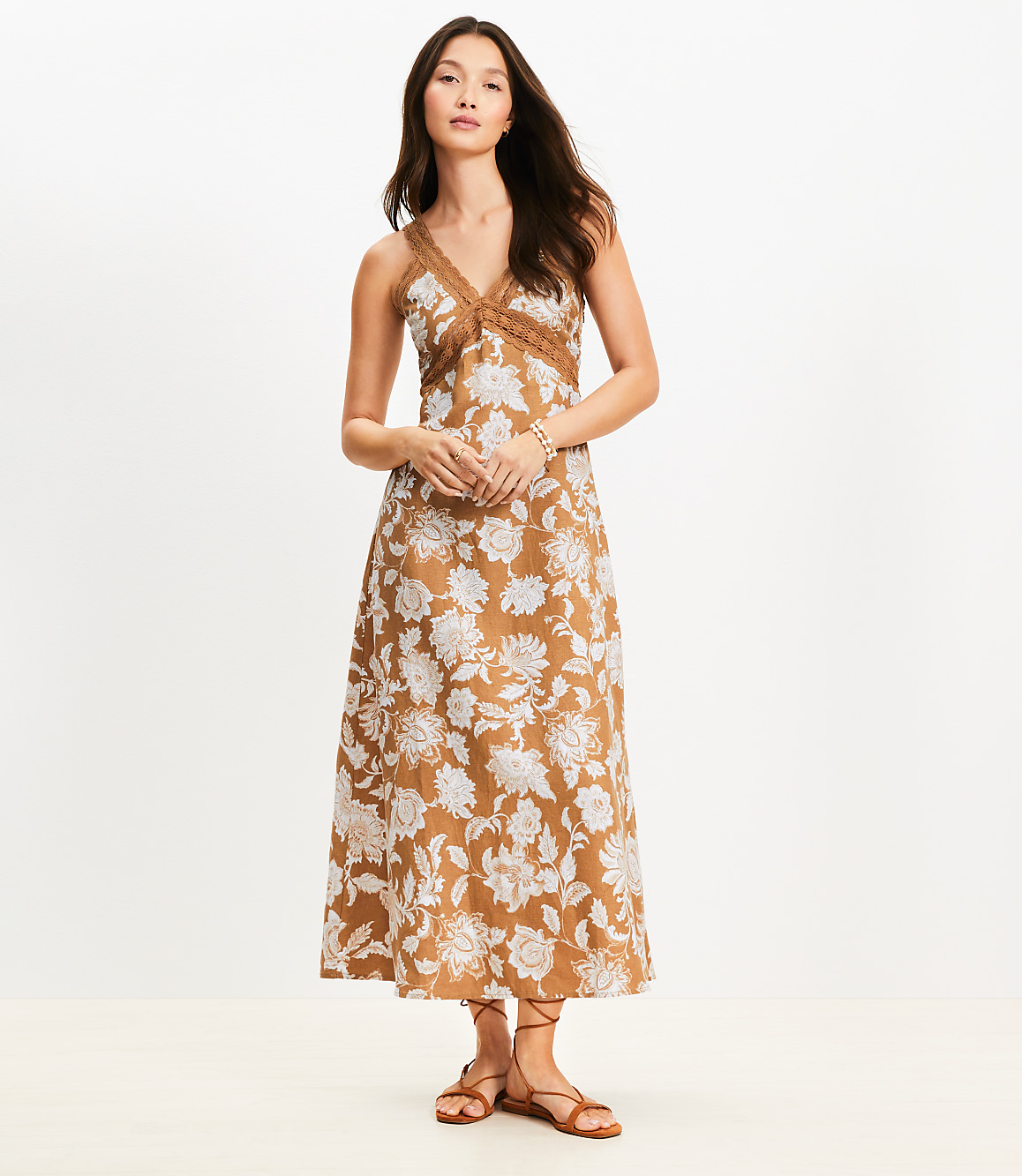 Floral Lace Trim Linen Blend Midi Dress