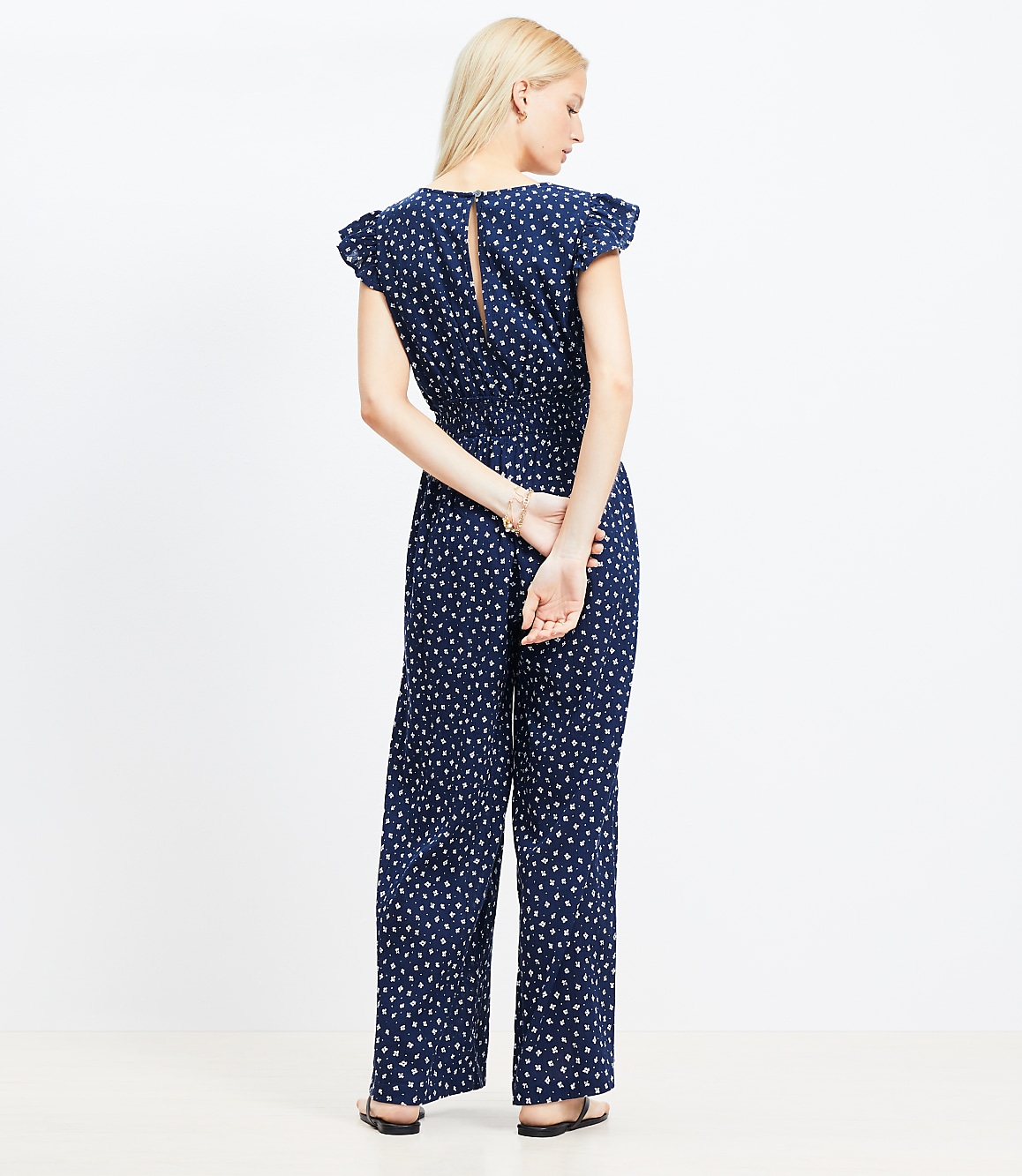 LOFT Beach Floral Crinkle Cutout Flutter Jumpsuit