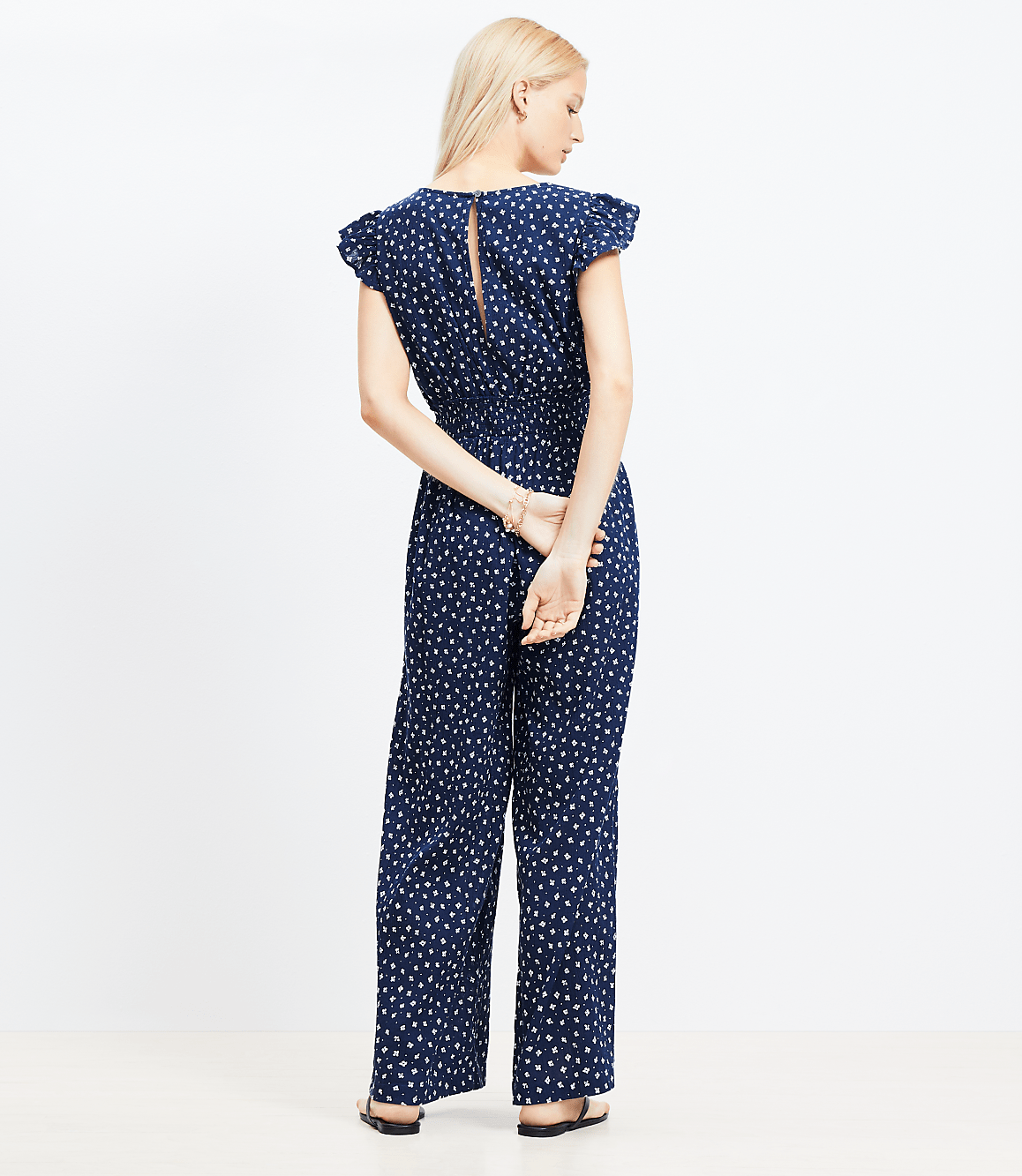 Petite LOFT Beach Floral Crinkle Cutout Flutter Jumpsuit