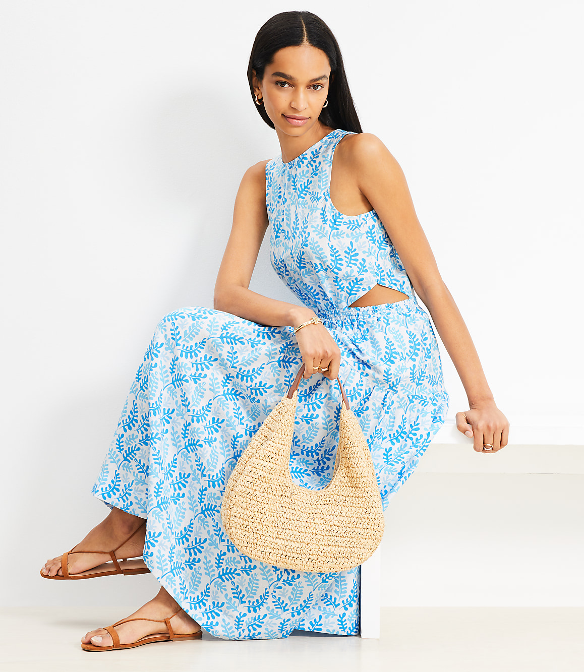 Coral Side Cutout Linen Blend Midi Dress