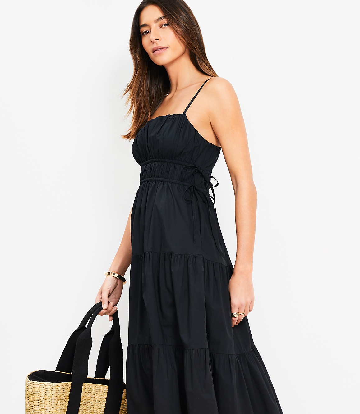 Pleated Side Tie Strappy Midi Pocket Dress
