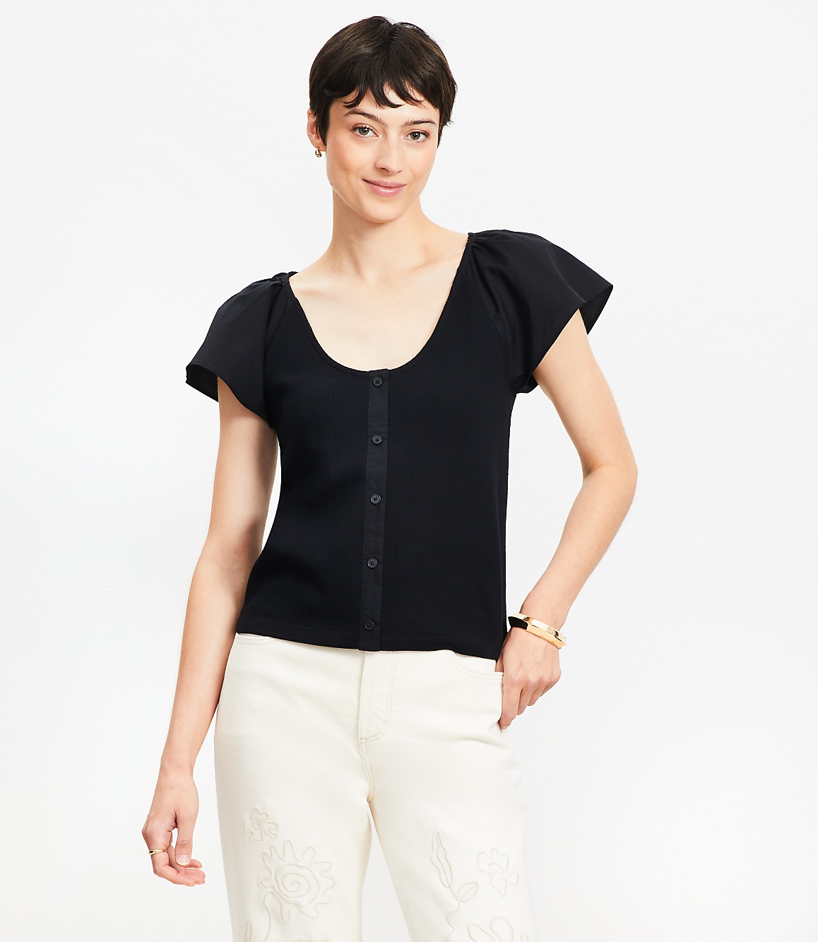 Flutter Sleeve Mixed Media Top