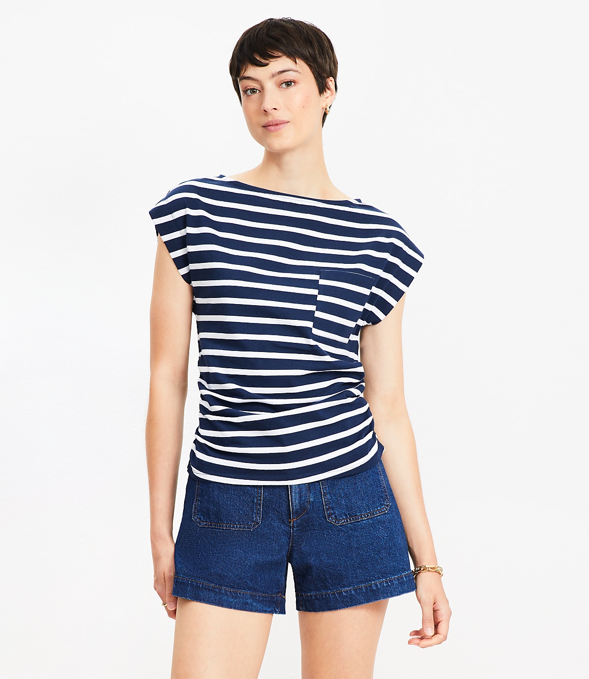 Stripe Ruched Boatneck Pocket Tee