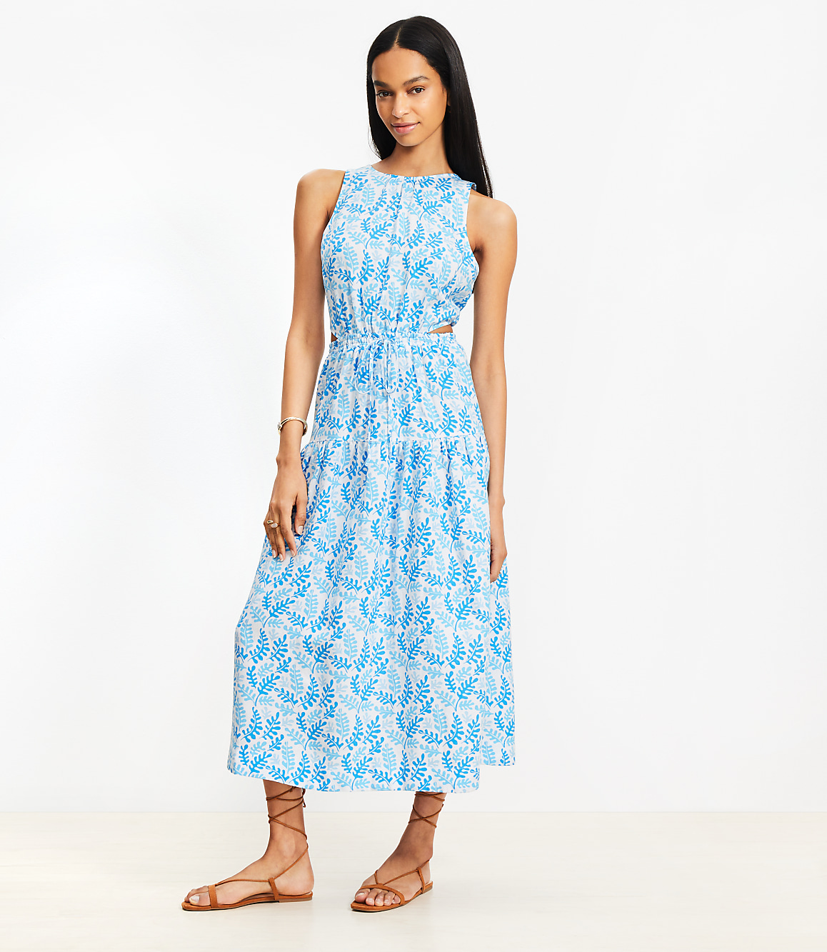 Coral Side Cutout Linen Blend Midi Dress