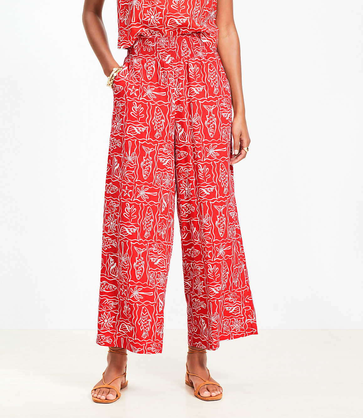 LOFT Beach Seaside Smocked Wide Leg Crop Pants