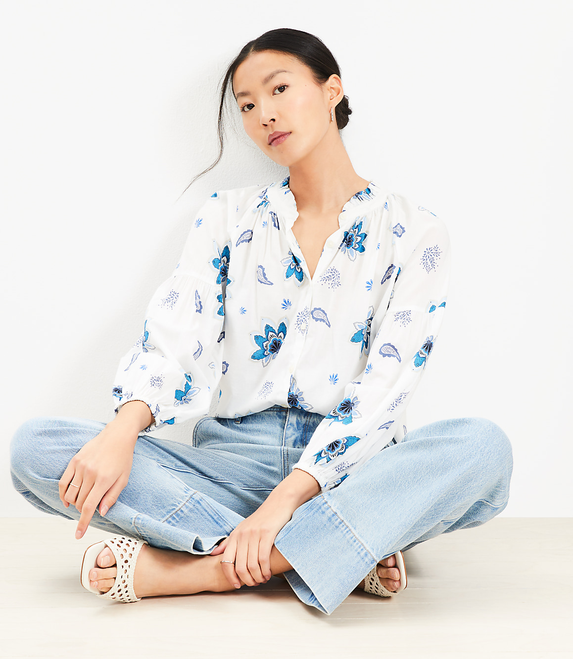 Petite Paisley Ruffle Neck Poet Blouse