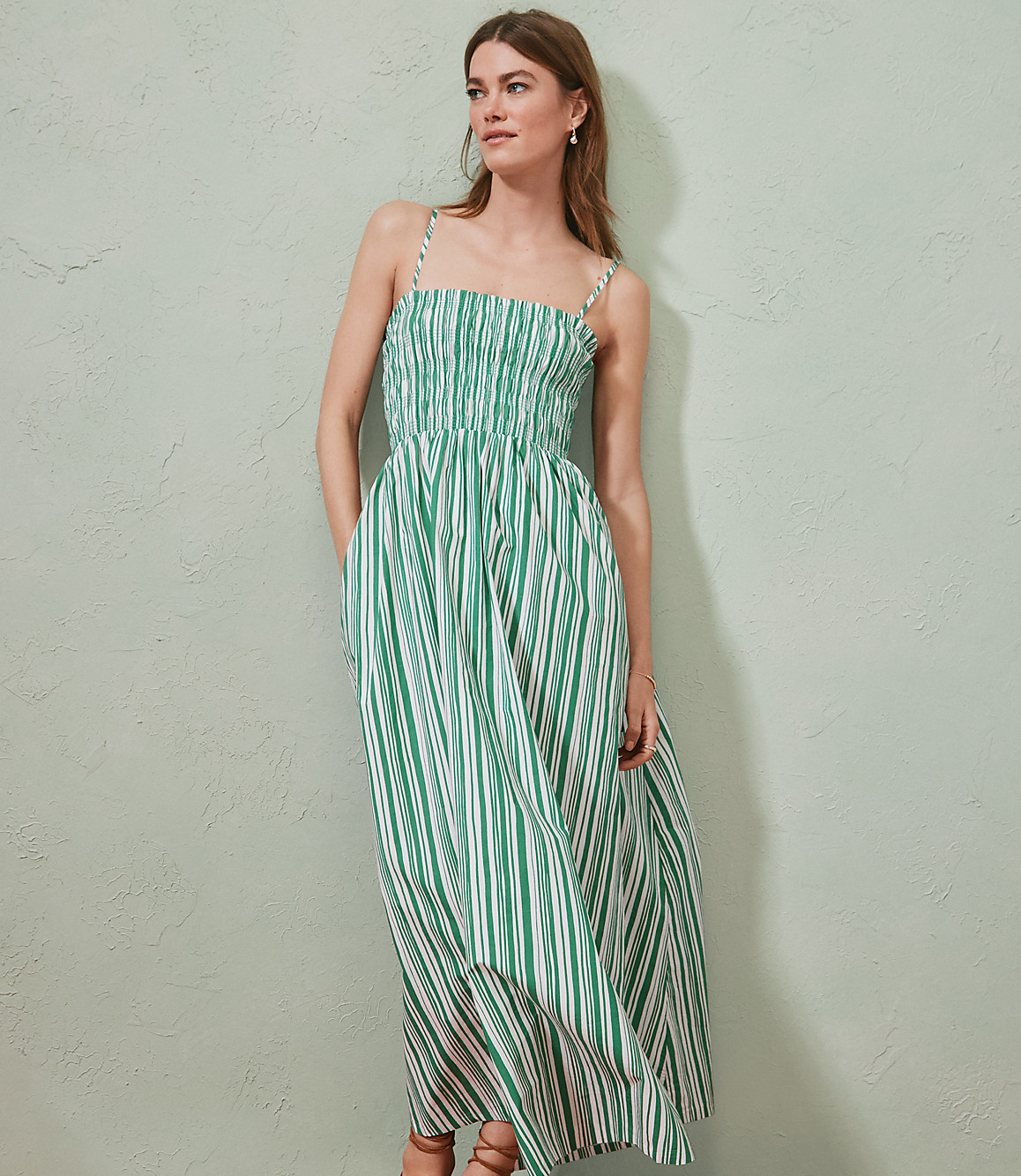 Loft Striped Poplin Smocked Strappy Maxi Dress Size XL Striking Spearmint Women's