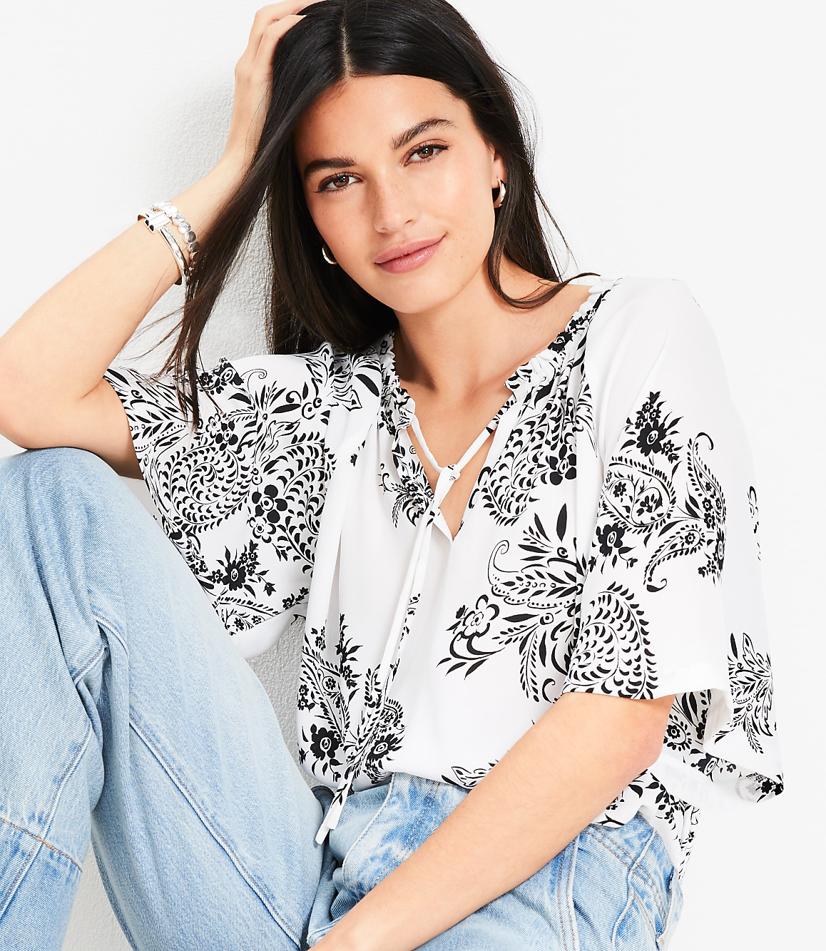Petite Garden Tie Neck Mixed Media Blouse