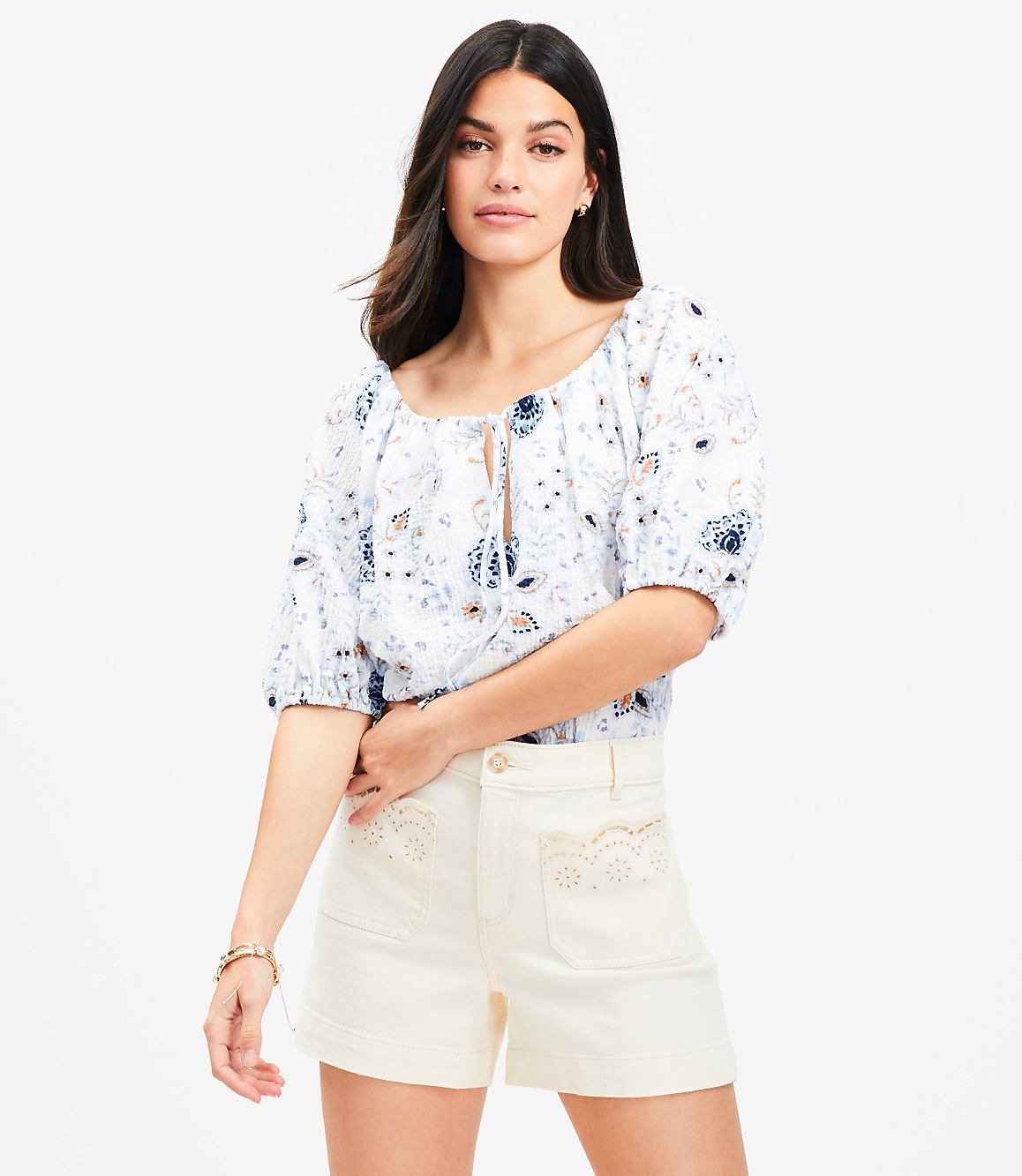 Petite Floral Tie Neck Bubble Sleeve Top