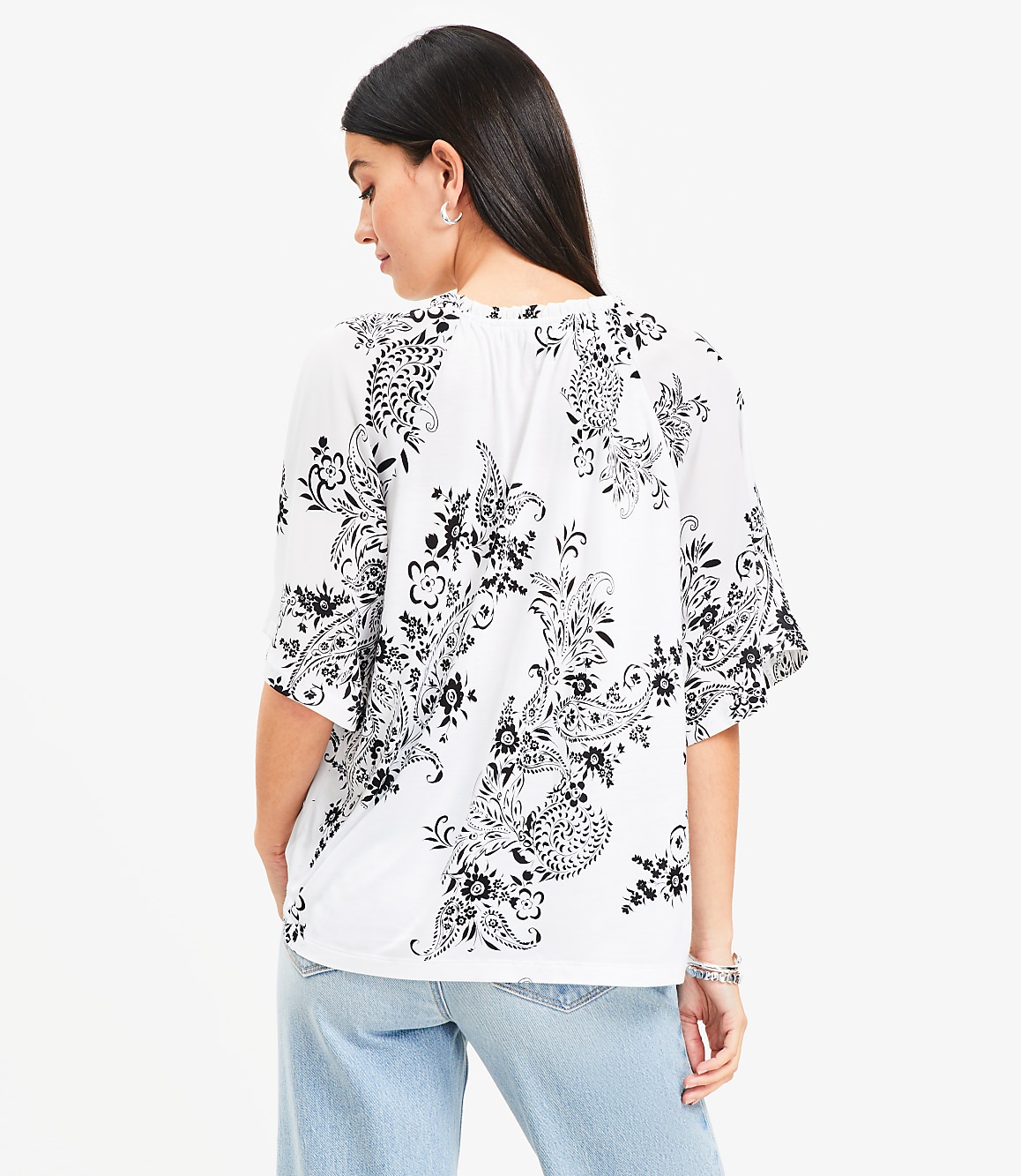 Petite Garden Tie Neck Mixed Media Blouse