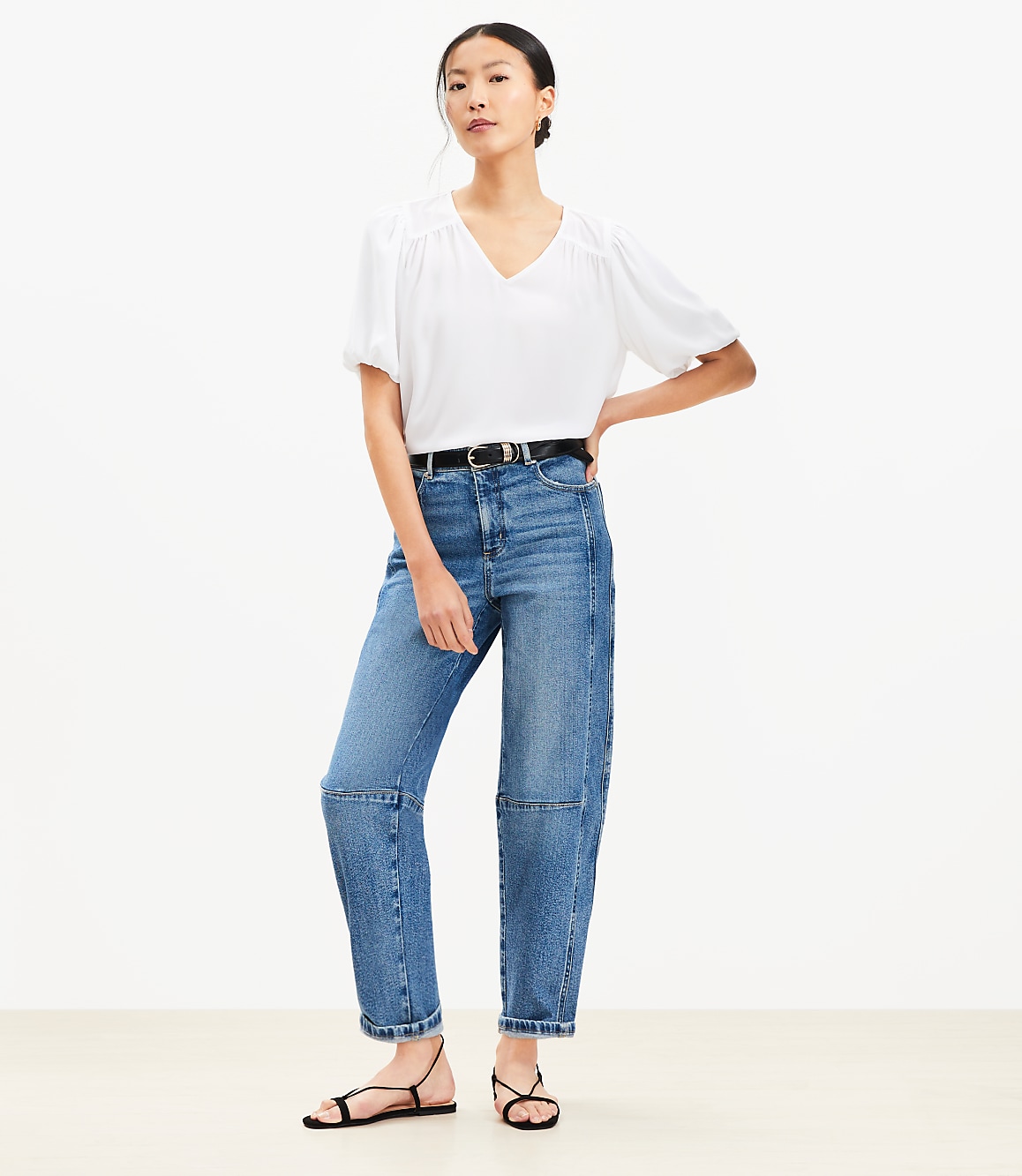 Petite Bubble Sleeve Mixed Media Blouse
