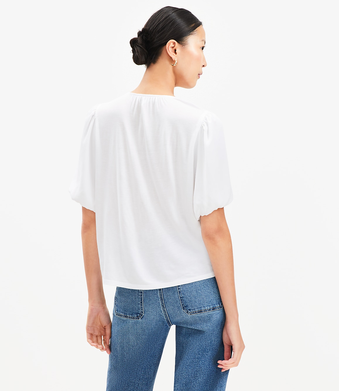 Petite Bubble Sleeve Mixed Media Blouse