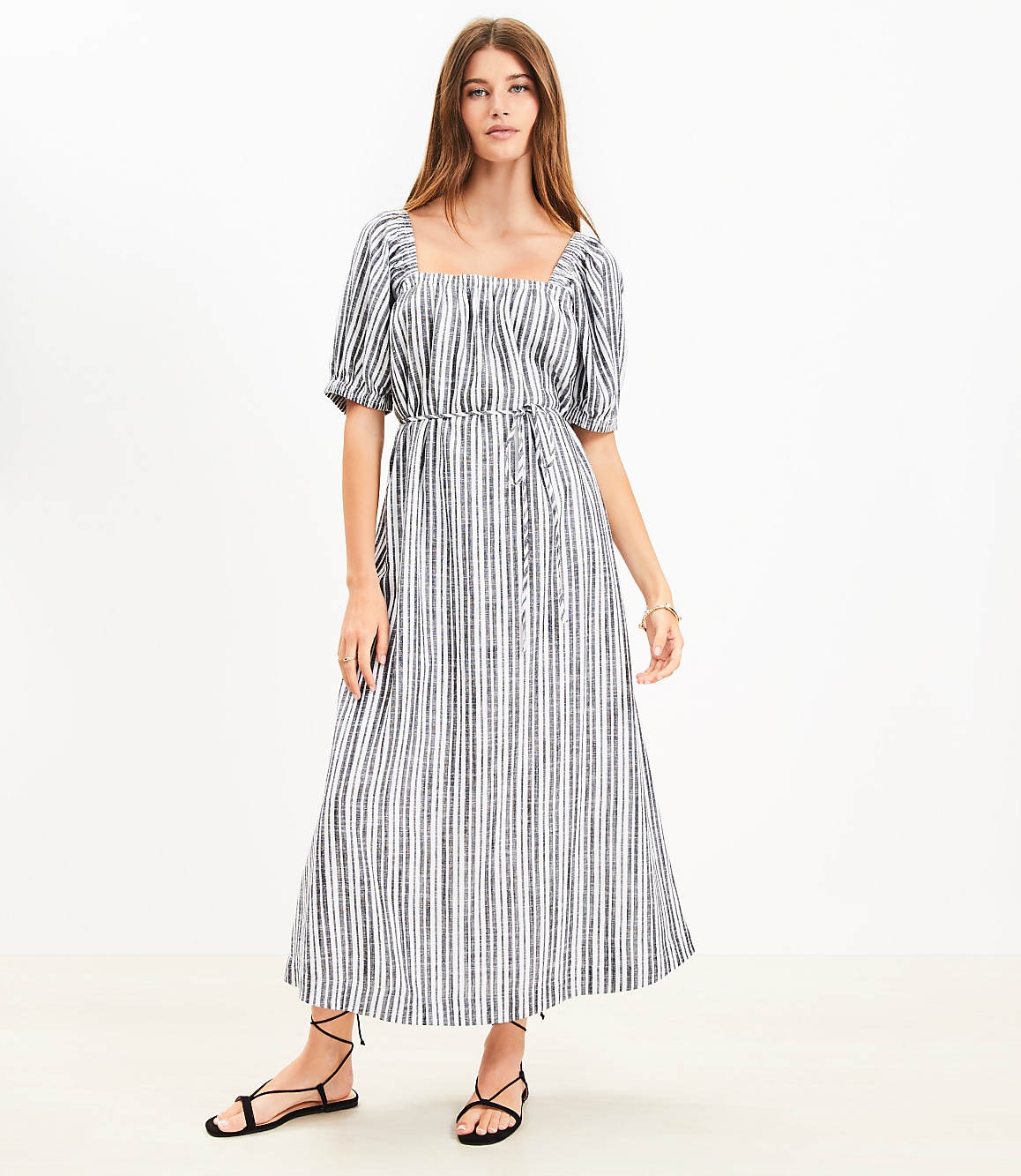 Petite Striped Smocked Square Neck Midi Dress