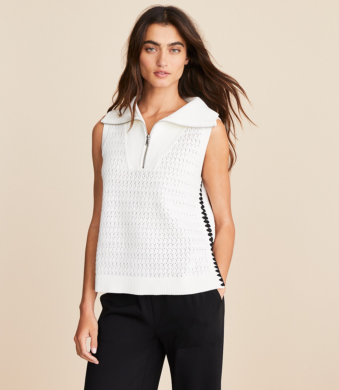Lou & Grey Crochet Pointelle Half Zip Sweater Tank Top