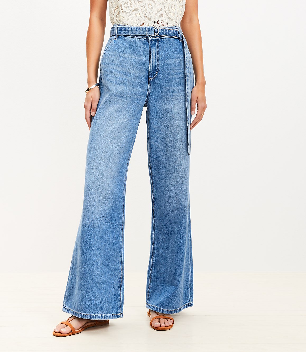 Belted Palazzo Jeans in Classic Mid Wash