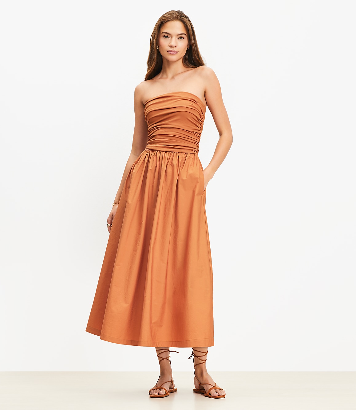 Petite Strapless Poplin Mixed Media Pocket Dress