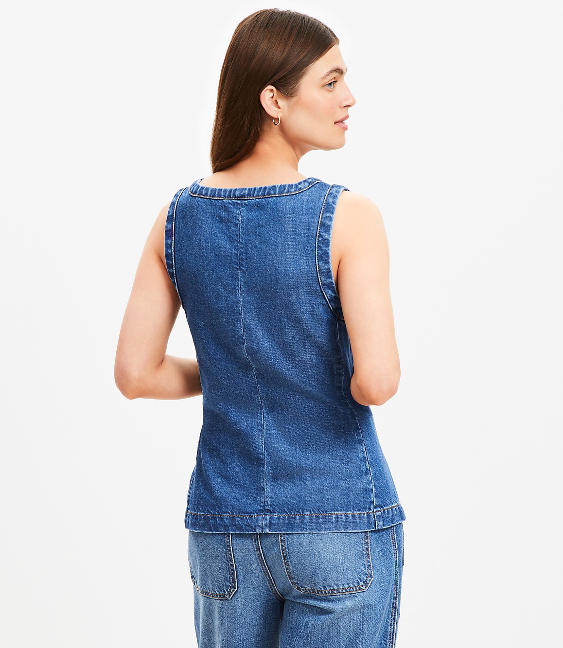 Petite Denim Square Neck Pocket Vest Top in Classic Mid Wash