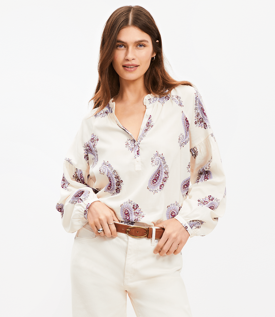 Paisley Draped Sleeve Henley Blouse