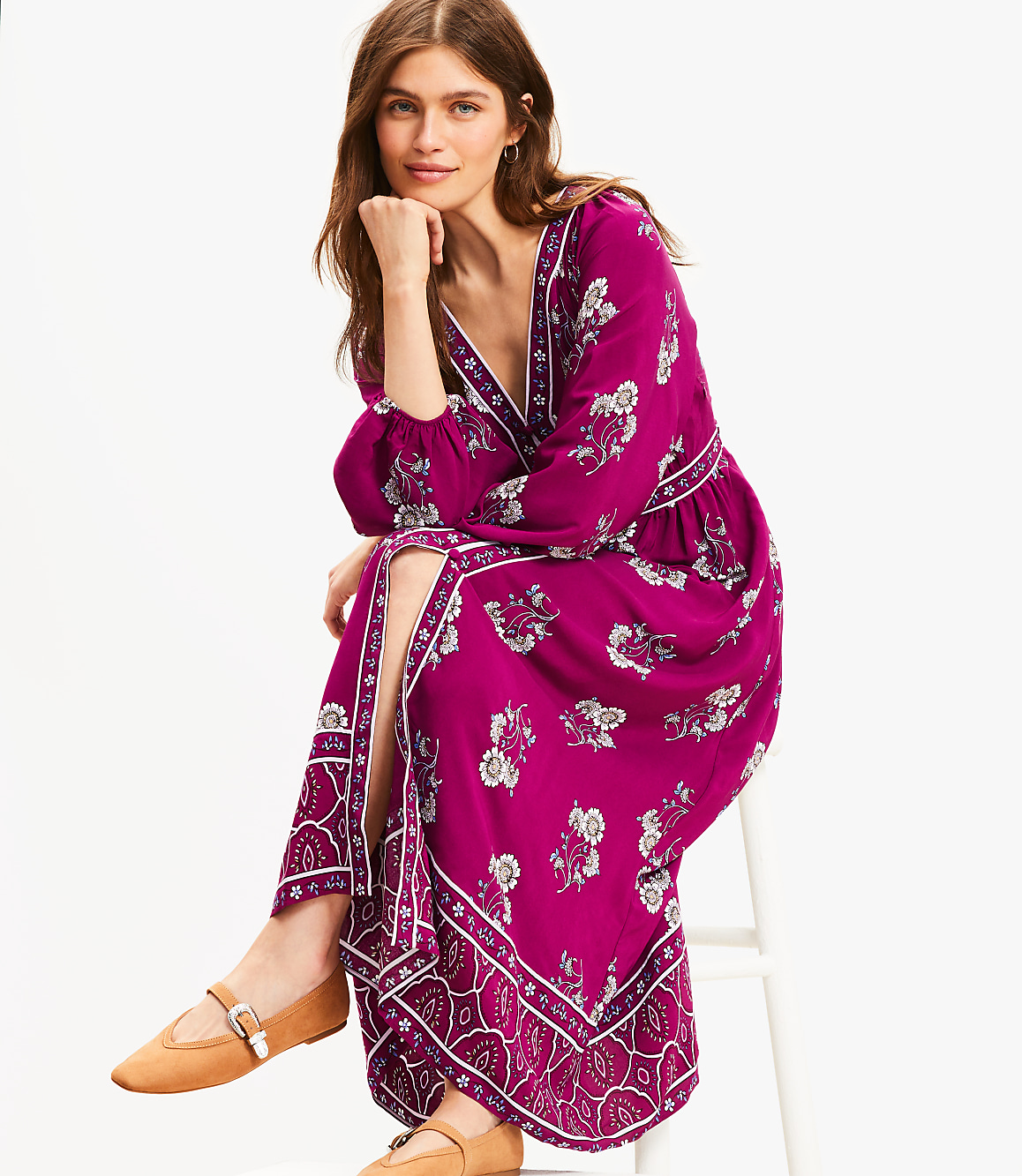 Petite Floral Puff Sleeve Button Midi Dress