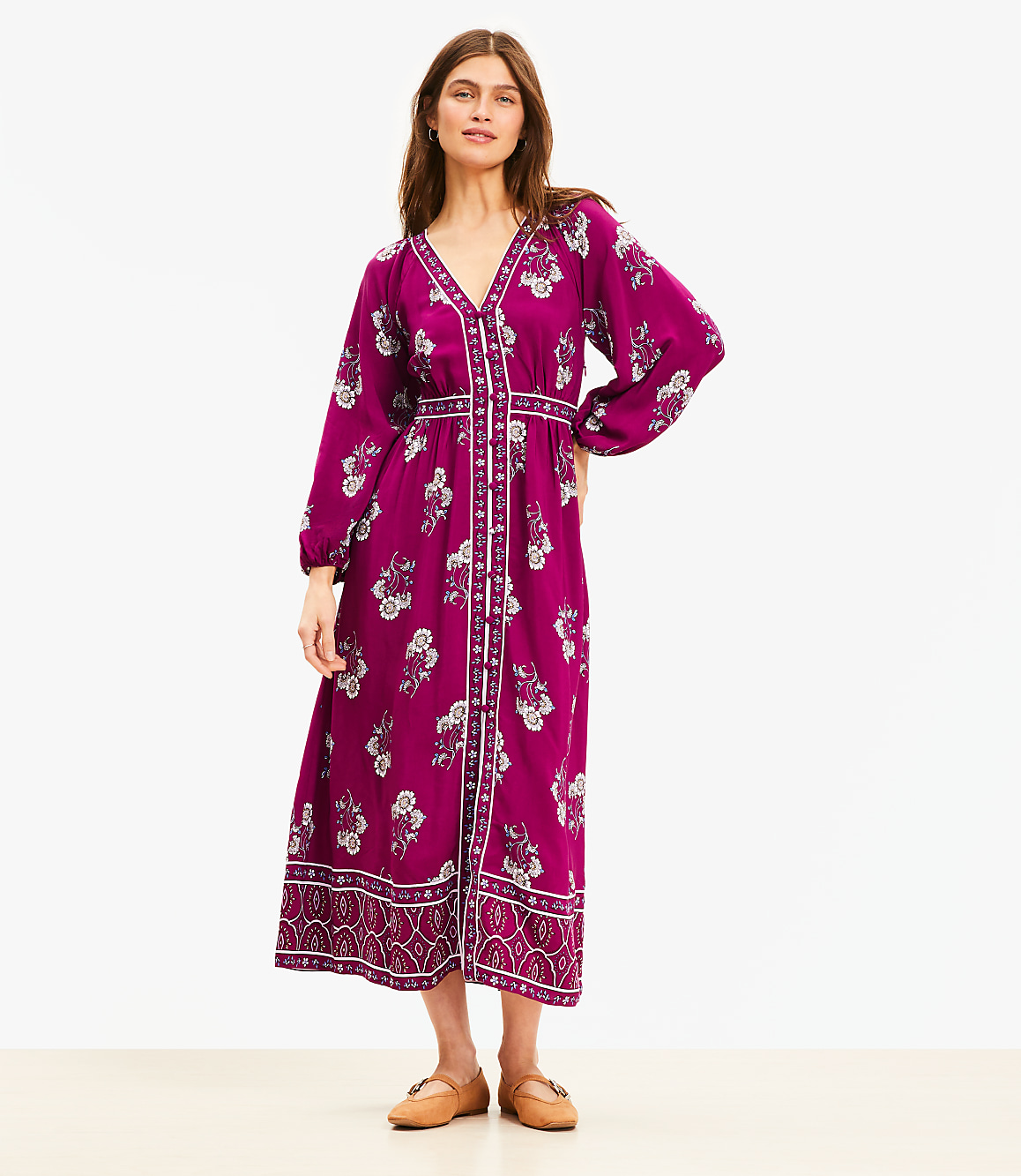 Petite Floral Puff Sleeve Button Midi Dress