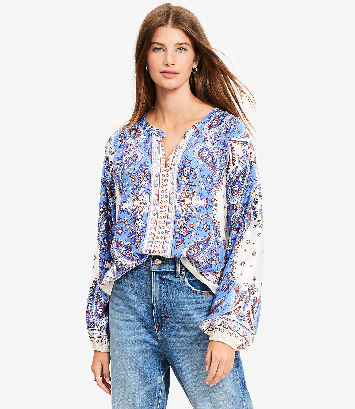 Petite Bandana Print Split Neck Balloon Sleeve Blouse