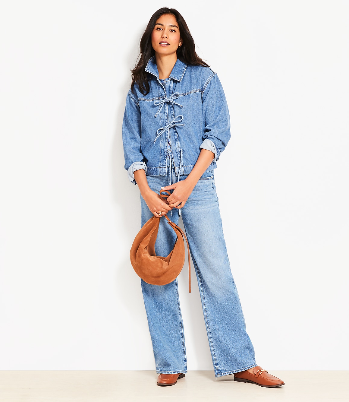 Petite Denim Bow Top in Bright Mid Indigo Wash