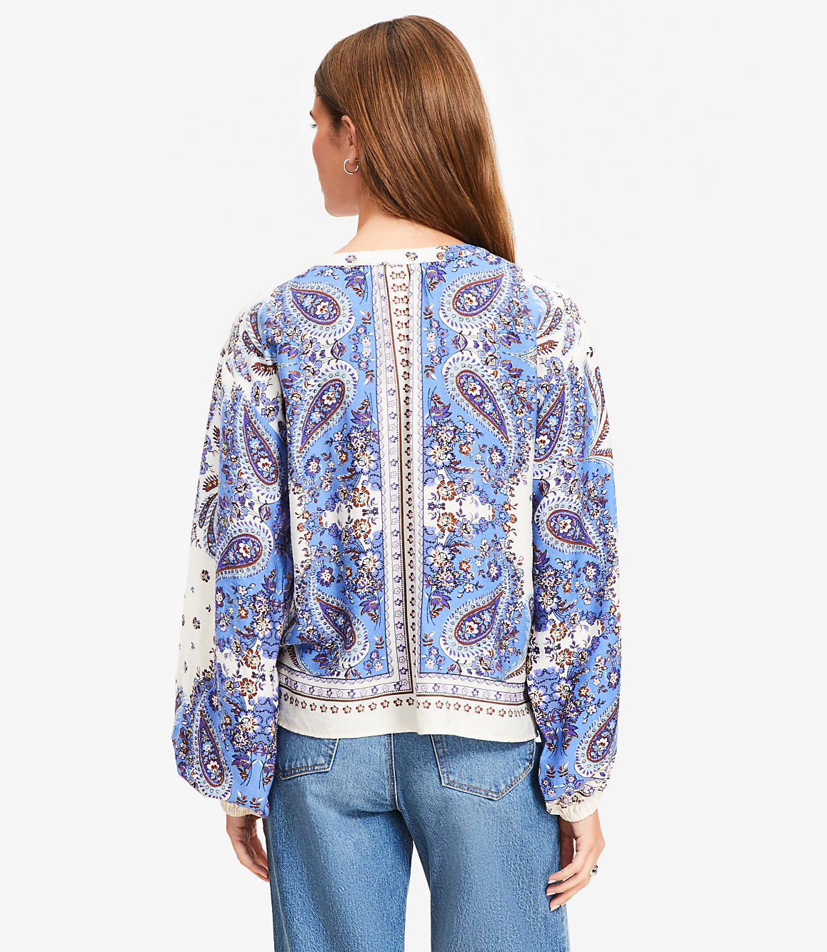 Petite Bandana Print Split Neck Balloon Sleeve Blouse