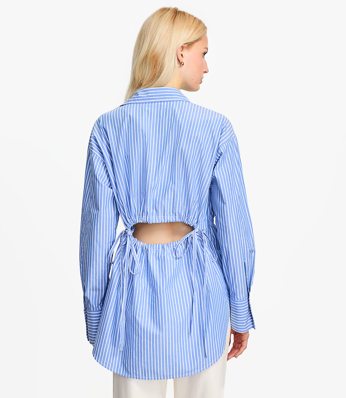 Striped Poplin Cutout Back Tunic Shirt