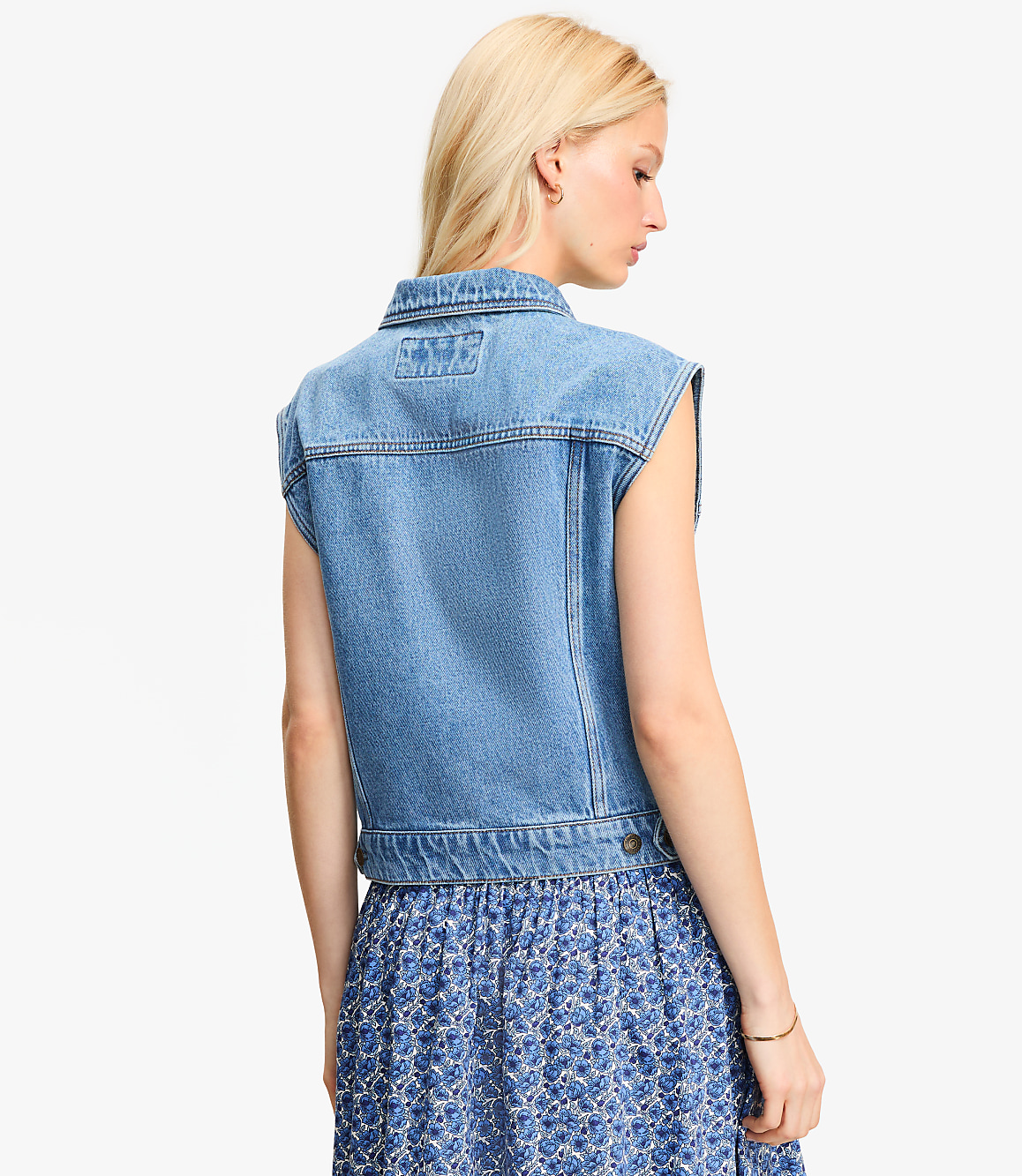 Petite Denim Trucker Vest in Bright Mid Indigo Wash