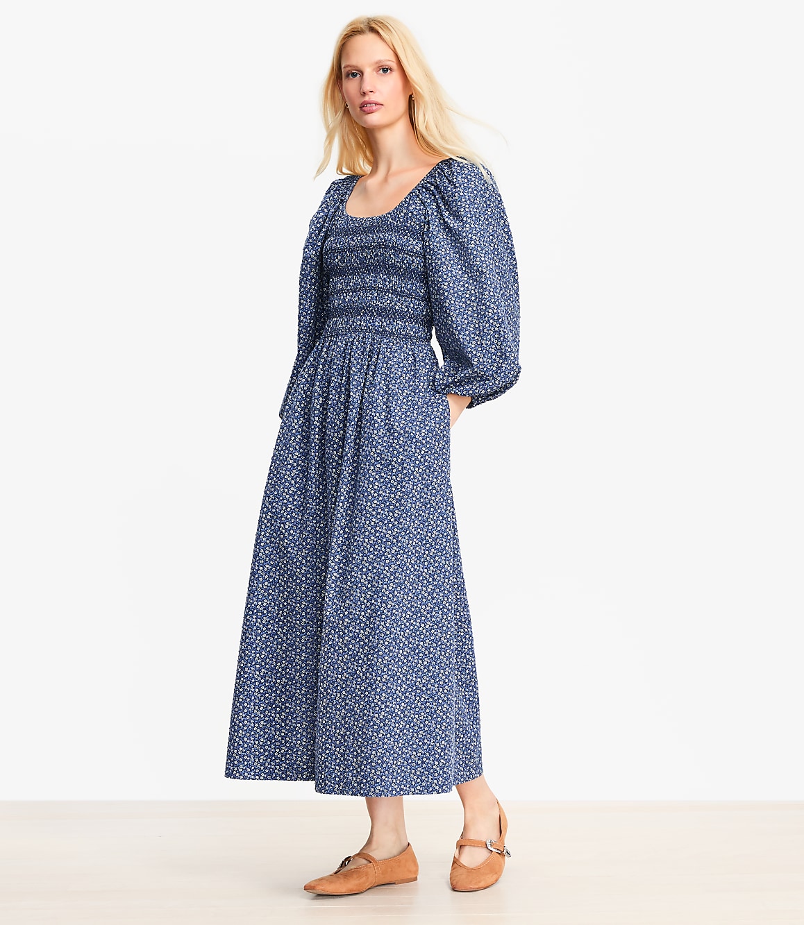 Petite Garden Clip Smocked Midi Dress
