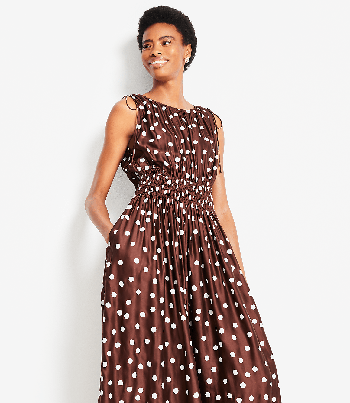 Petite Dotted Satin Shoulder Tie Maxi Dress