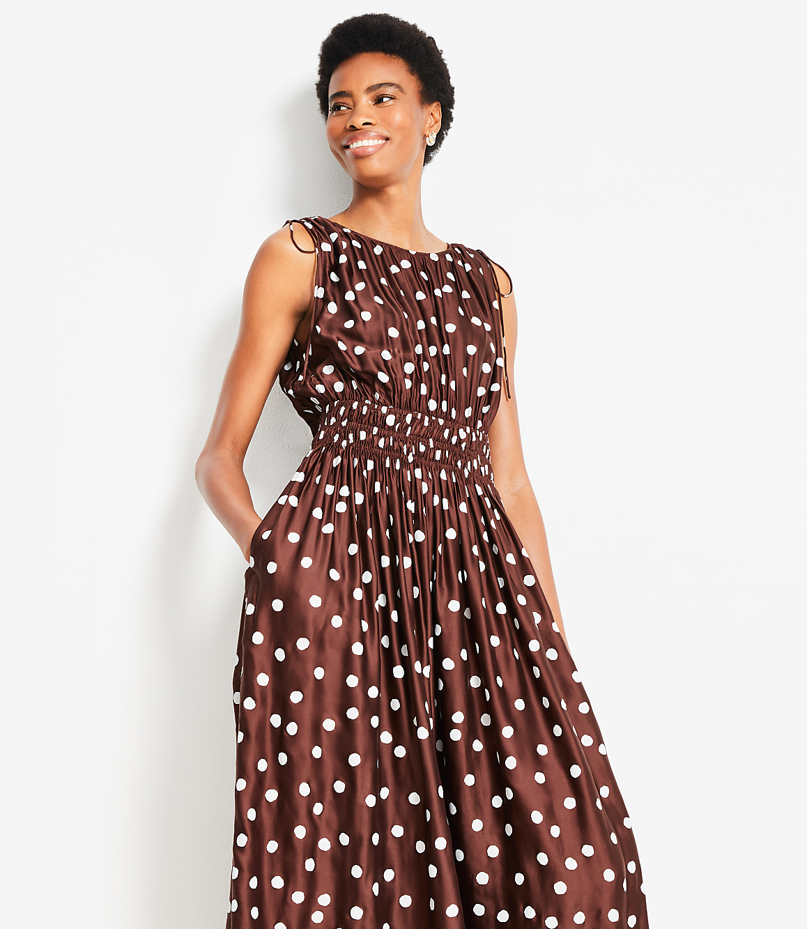 Dotted Satin Shoulder Tie Maxi Dress