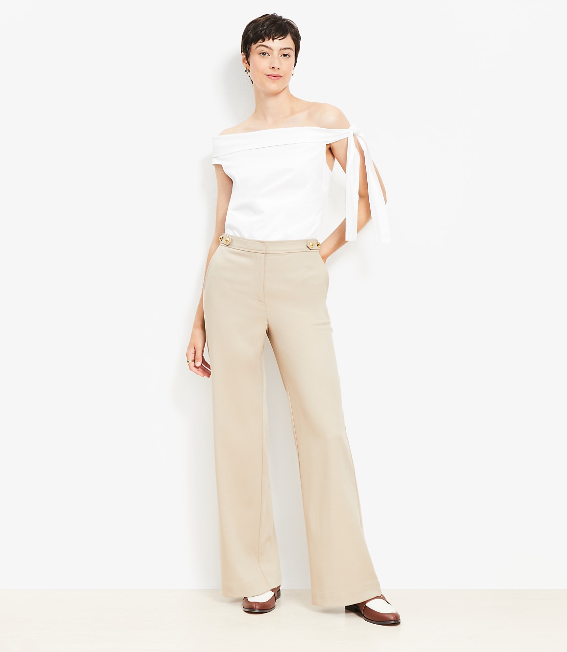 Petite Tab Waist Wide Leg Pants in Twill