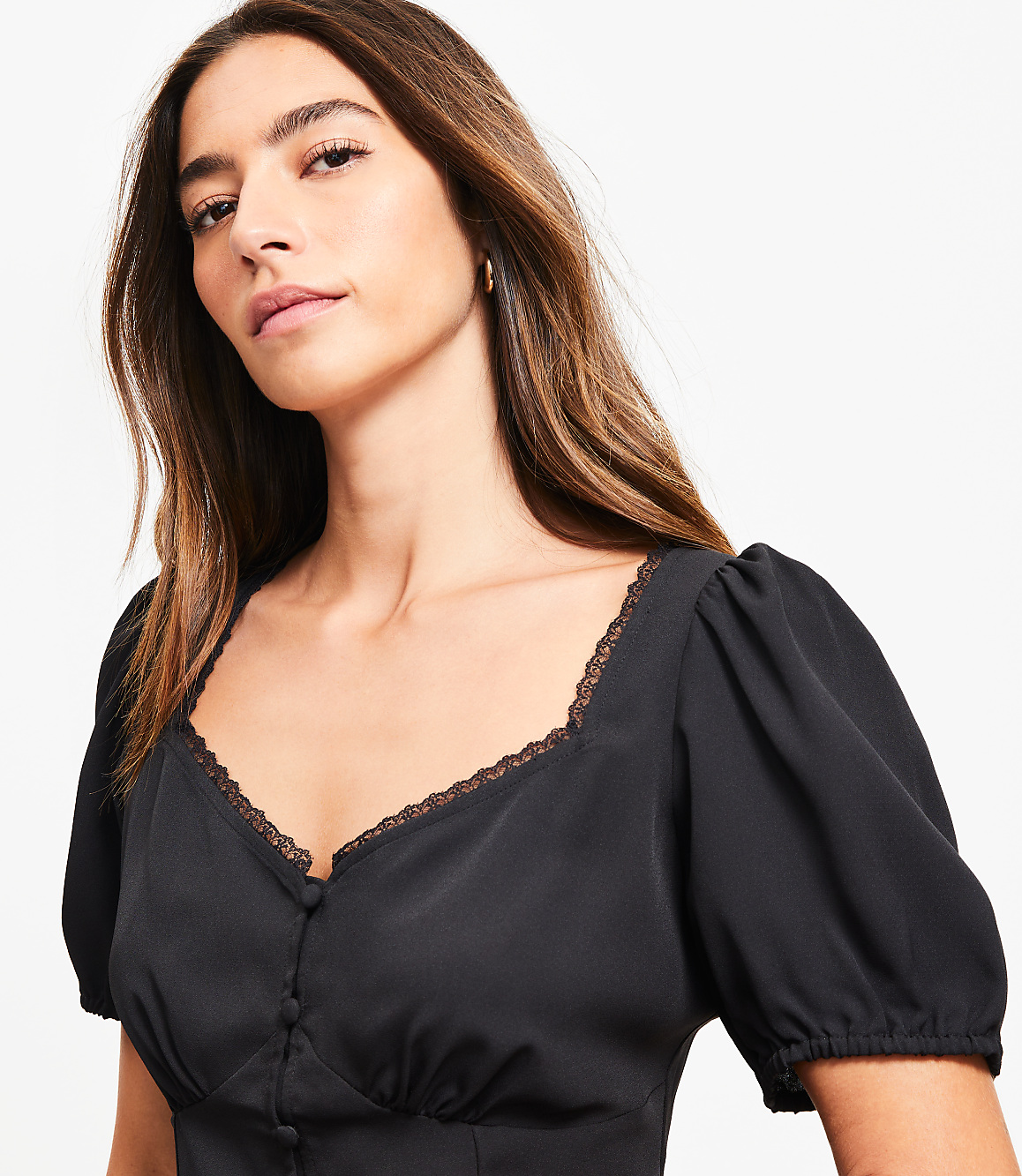 Petite Lace Trim Sweetheart Neck Blouse