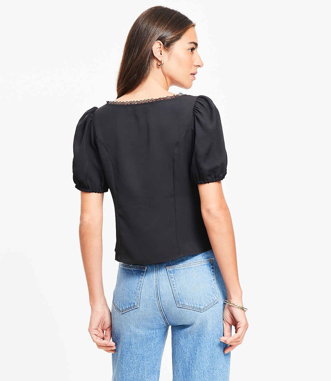 Petite Lace Trim Sweetheart Neck Blouse