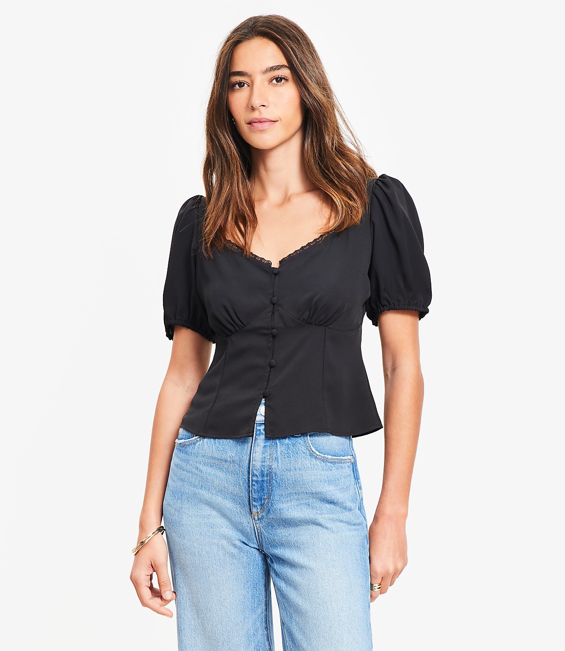 Petite Lace Trim Sweetheart Neck Blouse