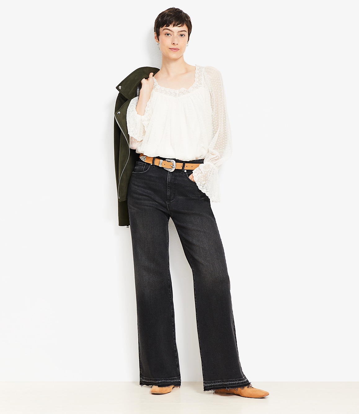 Petite Unpicked Hem High Rise Wide Leg Jeans in Washed Black