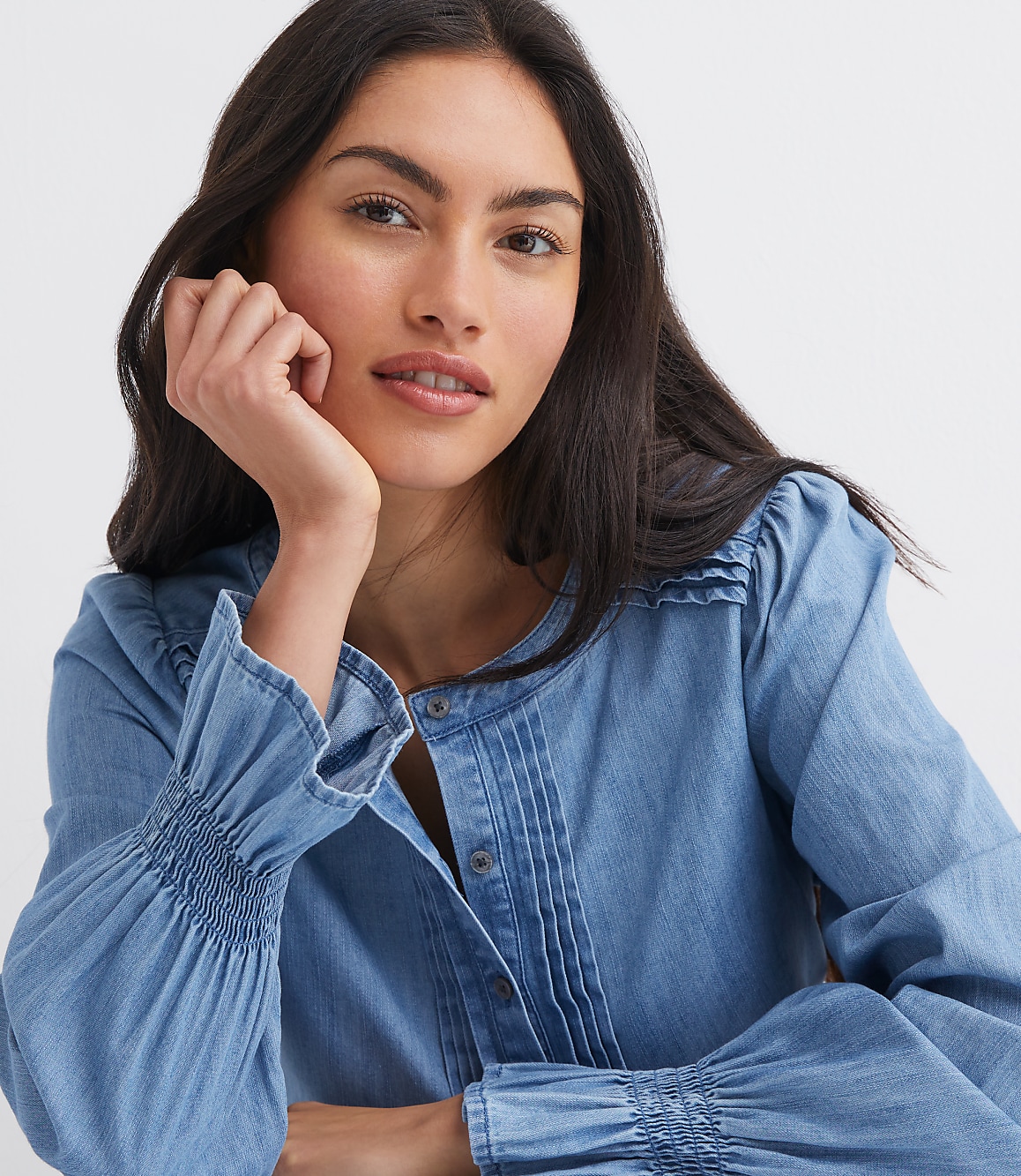 Chambray Pleated Henley Blouse