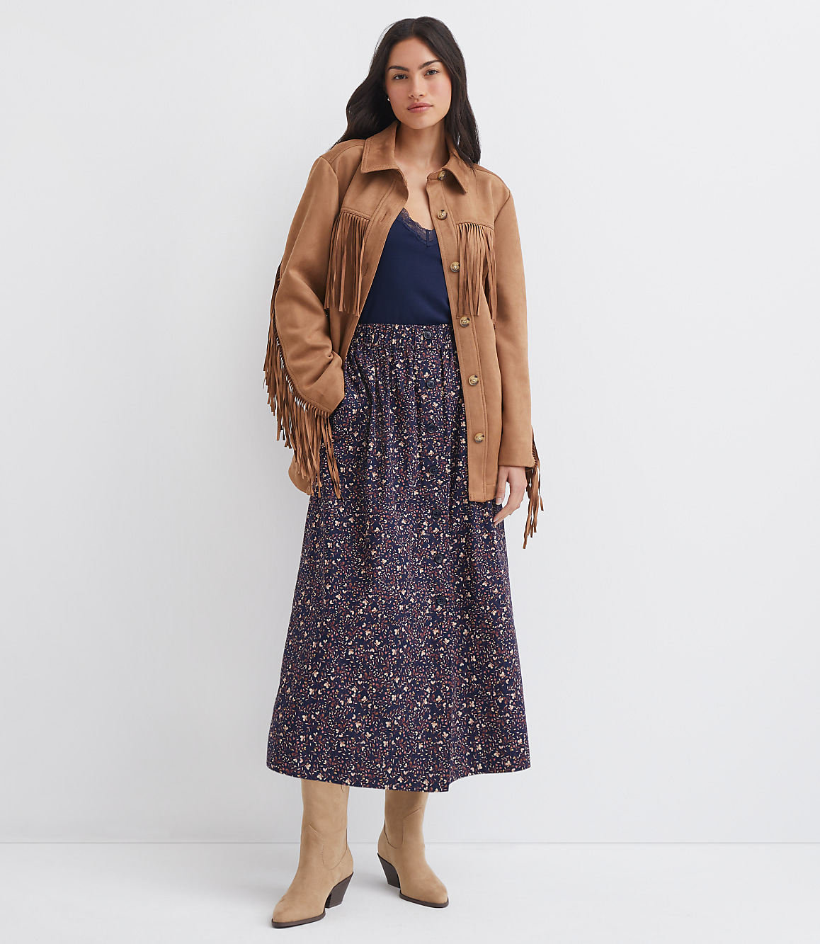 Floral Poplin Button Midi Pocket Skirt