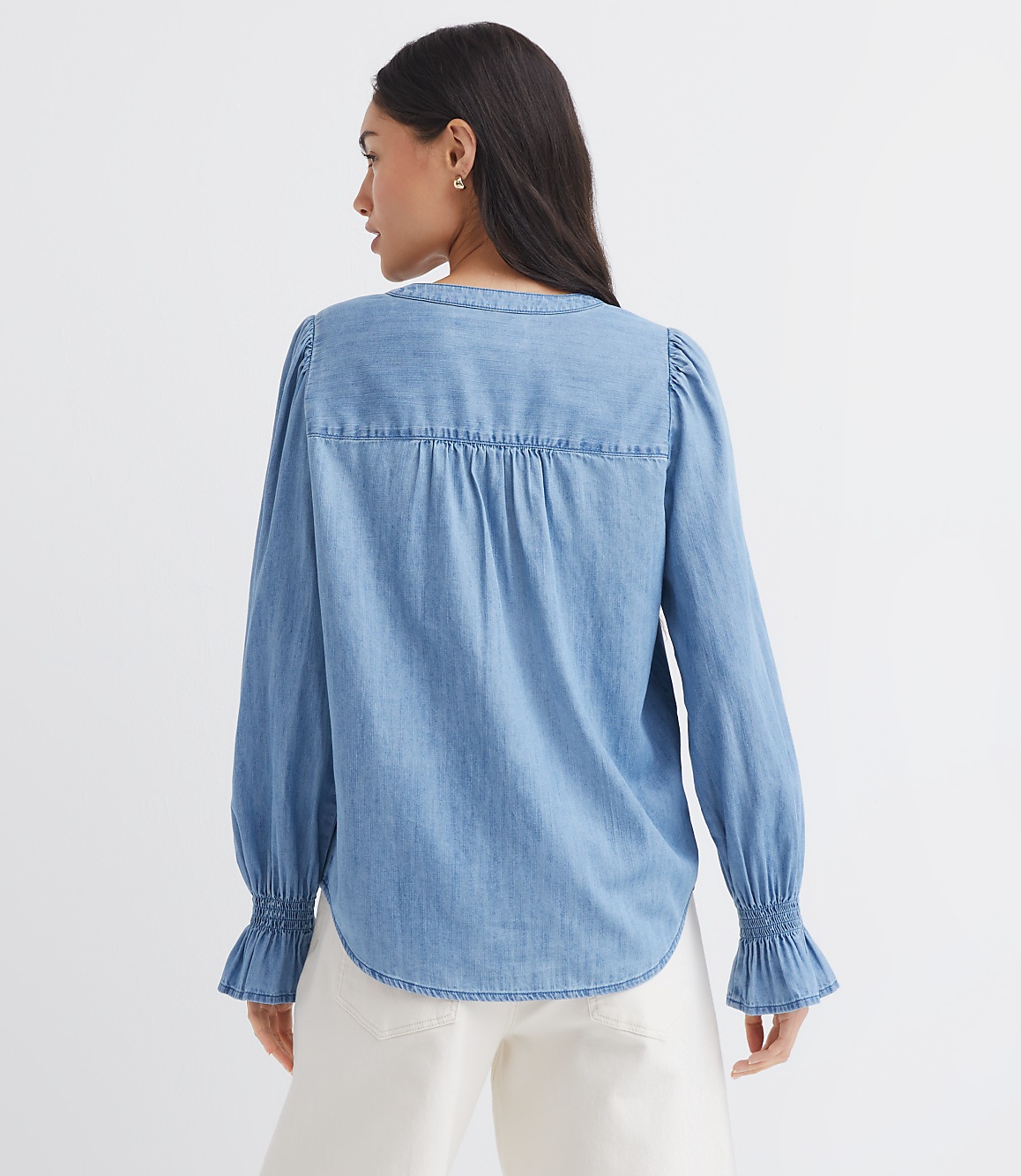 Chambray Pleated Henley Blouse