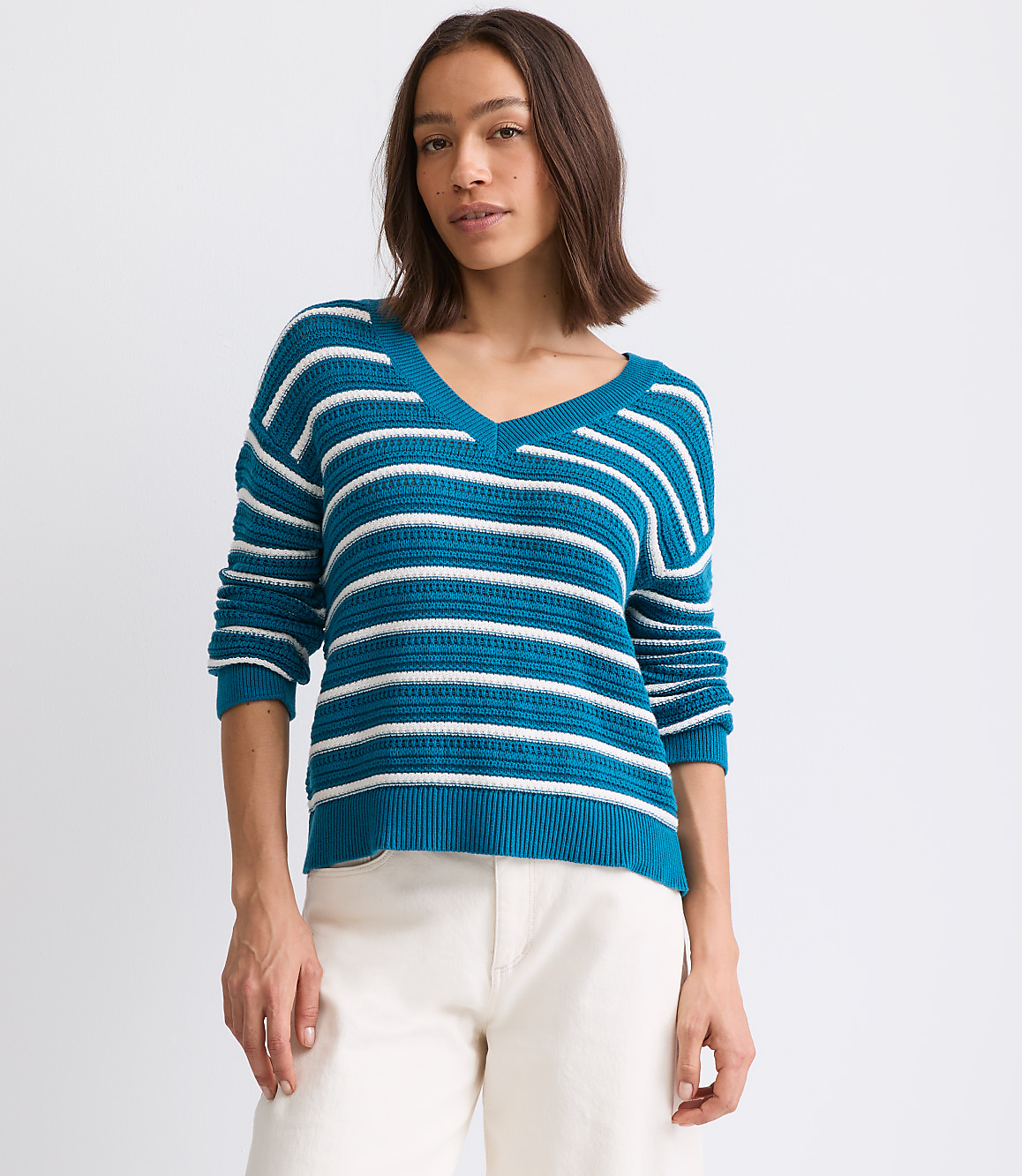 Striped Stitchy V-Neck Sweater