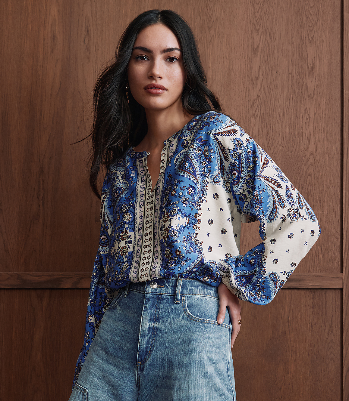 Petite Bandana Print Split Neck Balloon Sleeve Blouse