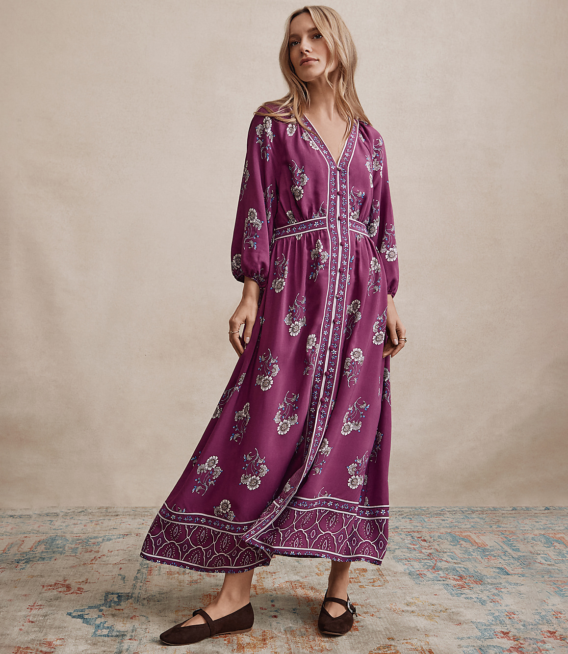 Petite Floral Puff Sleeve Button Midi Dress
