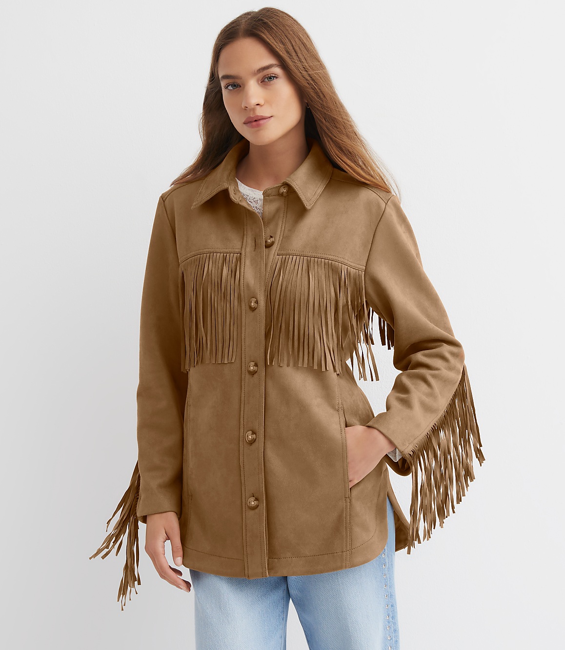 Fringe Faux Suede Shirt Jacket